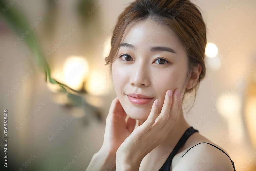 Beautiful Asian woman with flawless skin gently touches her face. Beautiful Asian woman with flawless skin gently touches her face.