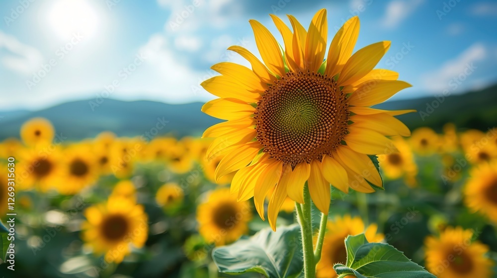 Obraz premium Immersive Summer Sunflower Field Scenery: Golden Blooms Under Azure Skies – Vibrant Background Images for Floral Wallpapers, Seasonal Branding, and Nature-Inspired Design with Rustic Charm, Warm Color
