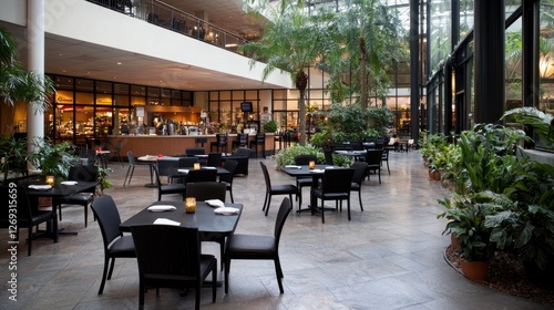Indoor Restaurant, Patio, Modern Design, Tranquil Atmosphere