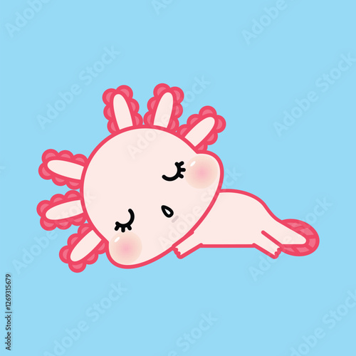 Cute Kawaii Axolotl Sleeping. Adorable Cartoon Amphibian Vector Illustration.