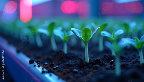 Futuristic greenhouse with young seedlings under neon lights