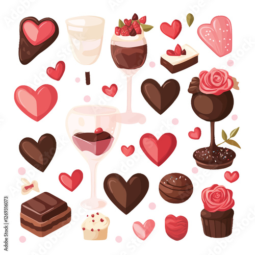 A romantic 2D vector of Valentine’s Day decorations like hearts, chocolates, and roses.