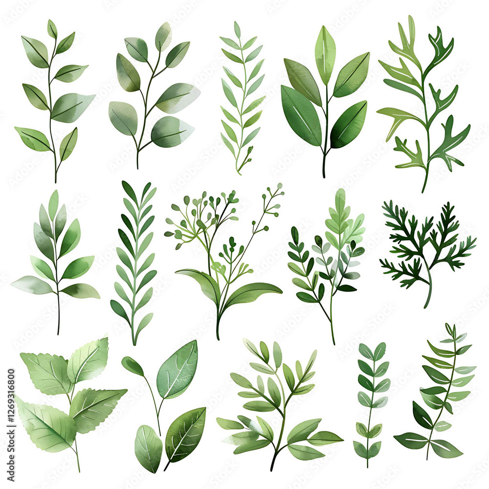 Set of watercolor green leaves elements. Collection botanical vector isolated on white background suitable for Wedding Invitation, save the date, thank you, or greeting card Set of watercolor green leaves elements. Collection botanical vector isolated on white background suitable for Wedding Invitation, save the date, thank you, or greeting card