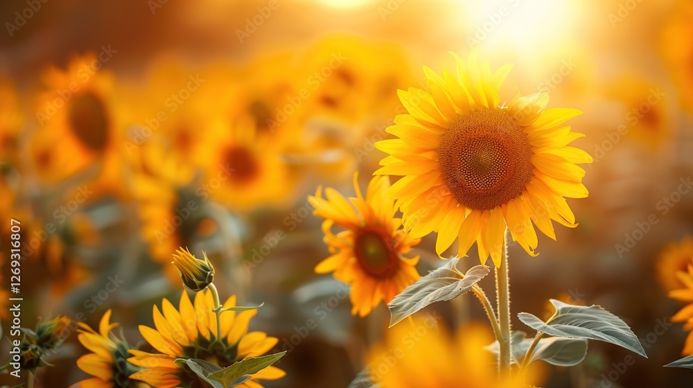 Fototapeta premium Immersive Summer Sunflower Field Scenery: Golden Blooms Under Azure Skies – Vibrant Background Images for Floral Wallpapers, Seasonal Branding, and Nature-Inspired Design with Rustic Charm, Warm Color