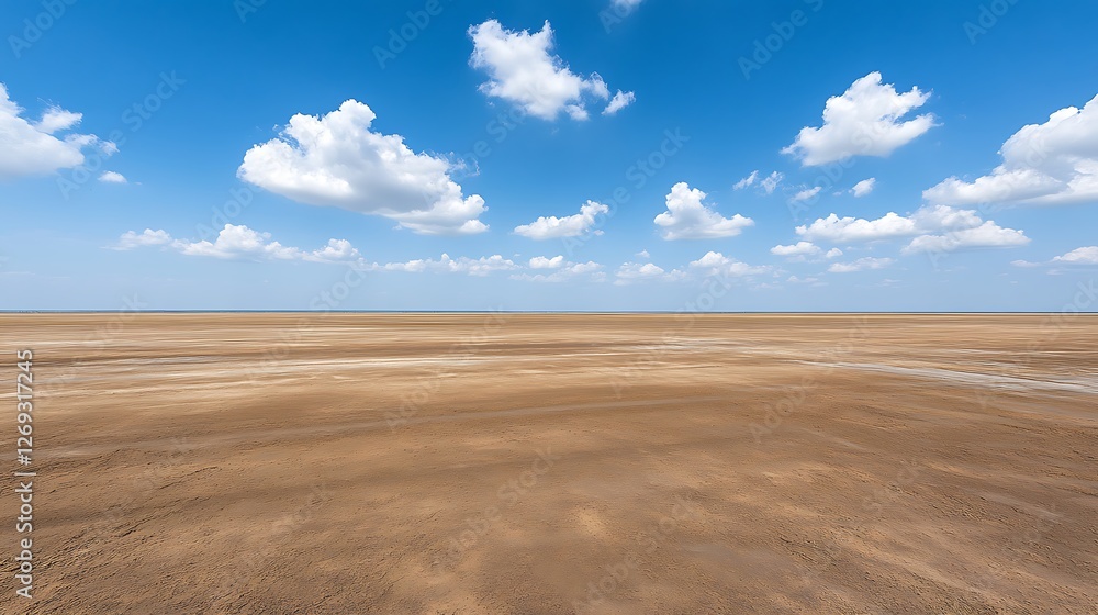 Expansive Sandy Plain Under a Blue Sky with Fluffy Clouds