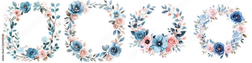 Fototapeta premium Elegant floral wreaths and bouquets in soft pastel colors perfect for wedding invitations greeting cards and other decor Watercolor style botanical with flowers leaves and flourishes in a romantic