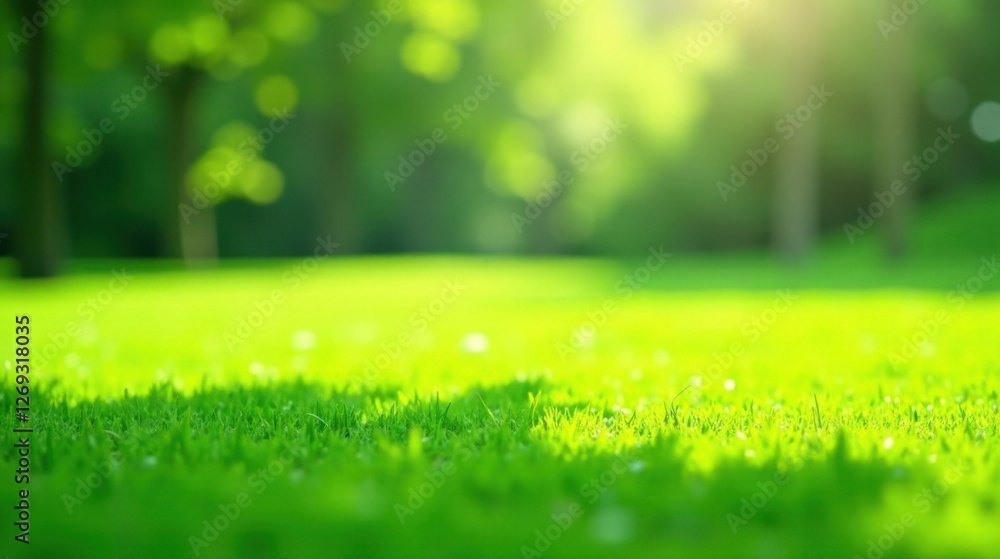 Fototapeta premium Vibrant Green Meadow with Sunlit Grass Blades and Defocused Trees in the Background