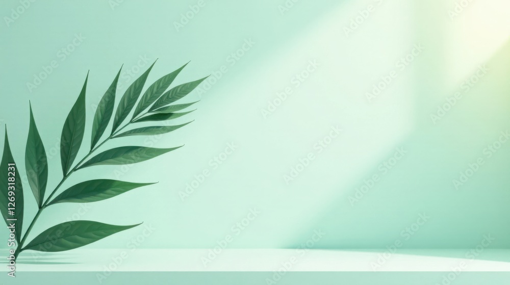 Serene Green Leaf Branch on a Pale Mint Surface with Soft Lighting Serene Green Leaf Branch on a Pale Mint Surface with Soft Lighting