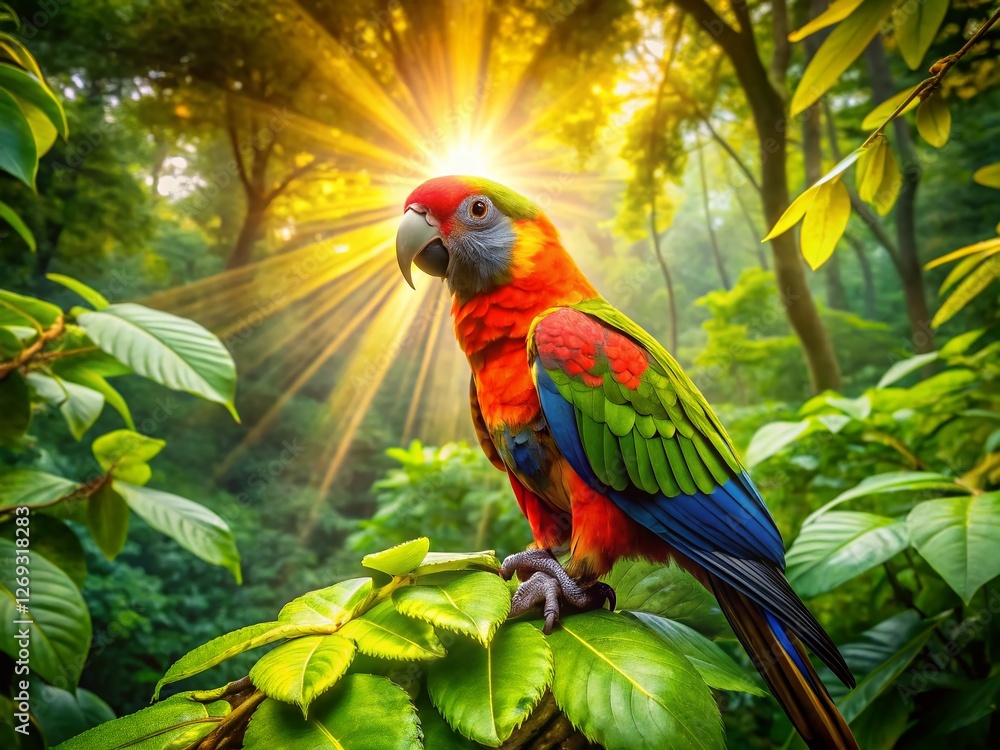 Obraz premium Vibrant Floreal Parrot in Lush Rainforest Canopy - Aerial View