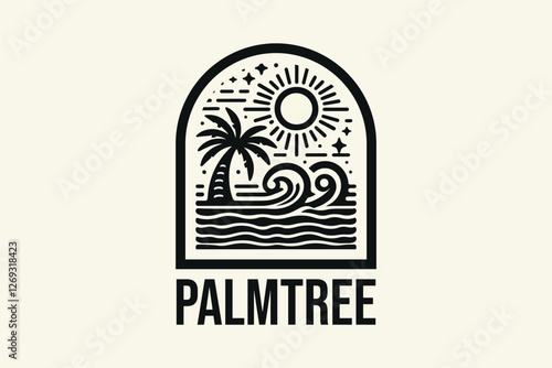 Vintage-style summer-themed logo design  Black and white, featuring elements like palm trees, ocean waves, and the sun.