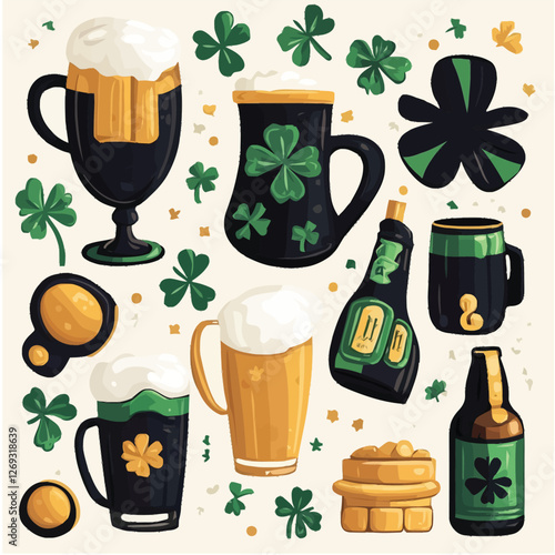 A cheerful 2D vector of St. Patrick’s Day symbols like shamrocks, a pot of gold, and a pint of beer.