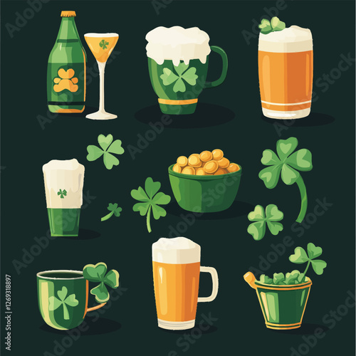 A cheerful 2D vector of St. Patrick’s Day symbols like shamrocks, a pot of gold, and a pint of beer.