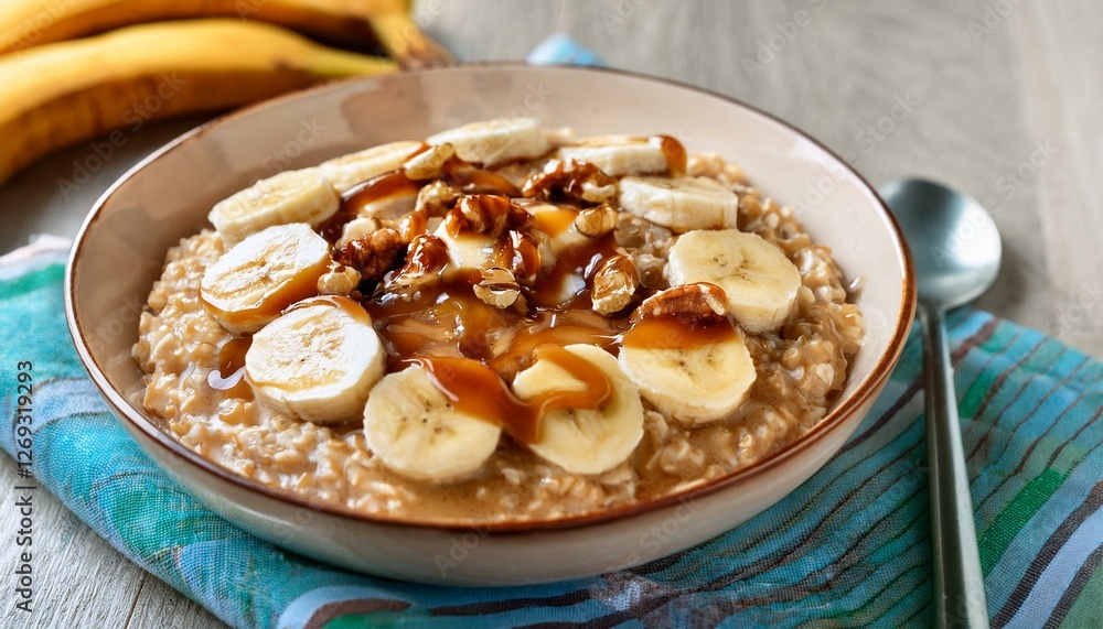 Generated image Dulce de leche swirled into a bowl of oatmeal, topped with banana slices and nuts Generated image Dulce de leche swirled into a bowl of oatmeal, topped with banana slices and nuts