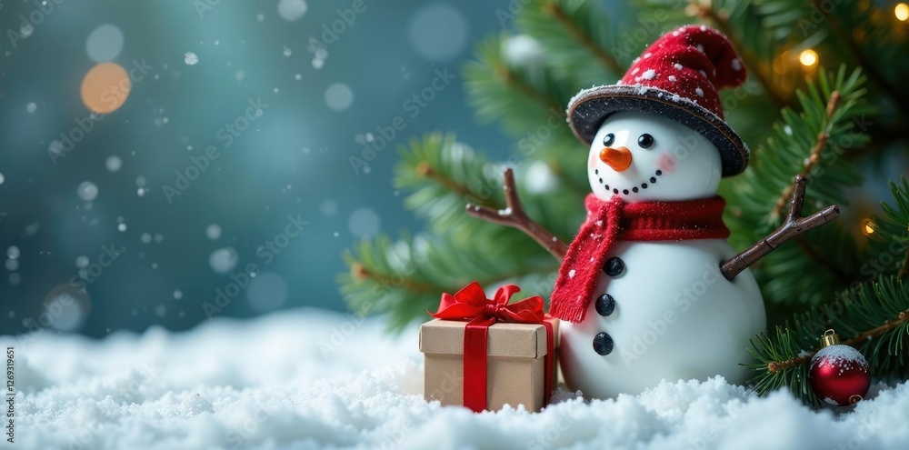 A gift placed at the base of a snowman on fir branches, season, holiday decoration A gift placed at the base of a snowman on fir branches, season, holiday decoration