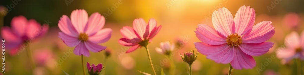 Delicate cosmos flowers bloom in morning sunlight, petals unfolding slowly, blossom, landscape