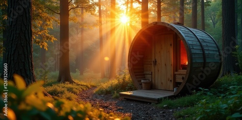 Early morning sun casts warm glow on a cozy wooden barrel sauna in the forest, natural landscapes, branches, sunlight