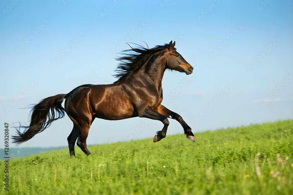 Majestic Brown Horse Galloping in a Green Field Majestic Brown Horse Galloping in a Green Field