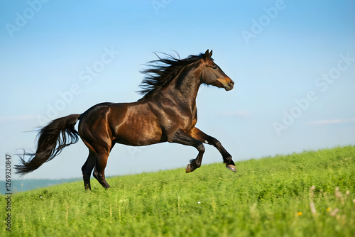 Majestic Brown Horse Galloping in a Green Field