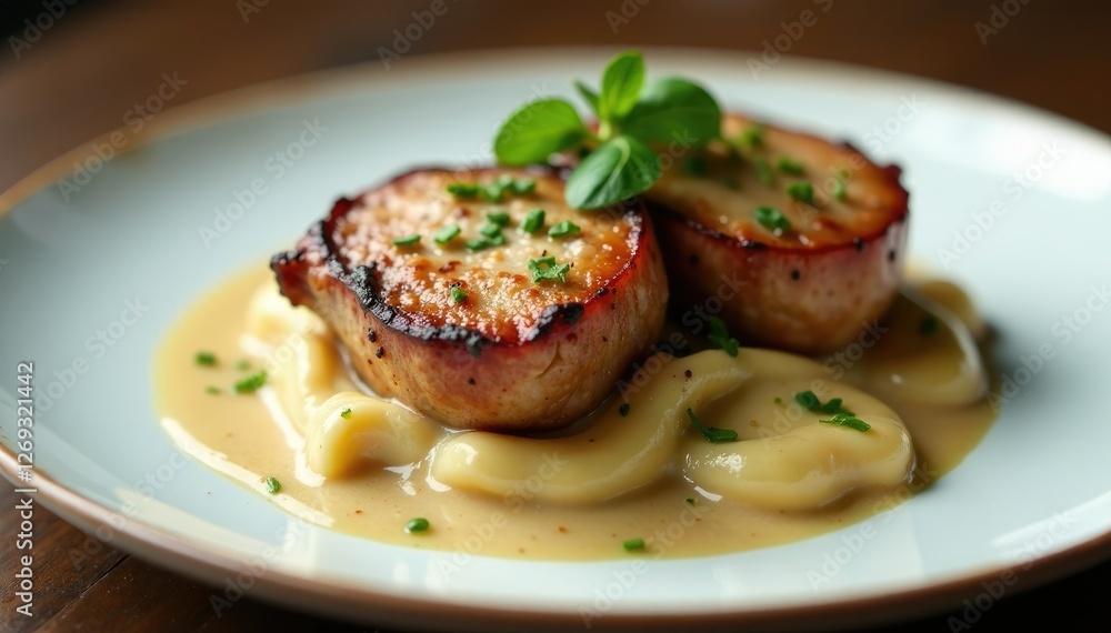 Grilled Iberian pork medallions with creamy mushroom and herb sauce garnish, fine dining, grilled pork Grilled Iberian pork medallions with creamy mushroom and herb sauce garnish, fine dining, grilled pork