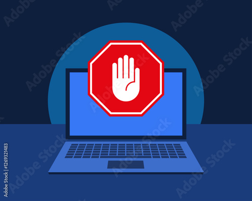 Computer antivirus protection or virus defense. Laptop screen with red stop sign and hand with stop or defense gesture. Vector illustration.