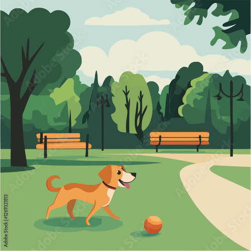 A cheerful 2D vector of a dog playing with a ball in a green park.