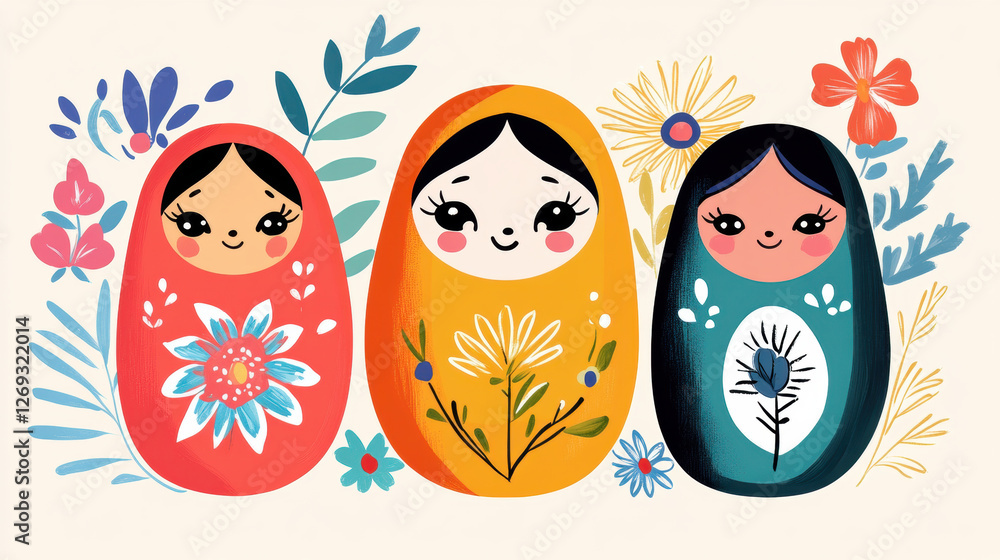 Background, Three colorful Matryoshka dolls surrounded by flowers and leaves in a delightful, whimsical design.