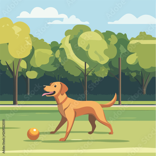 A cheerful 2D vector of a dog playing with a ball in a green park.