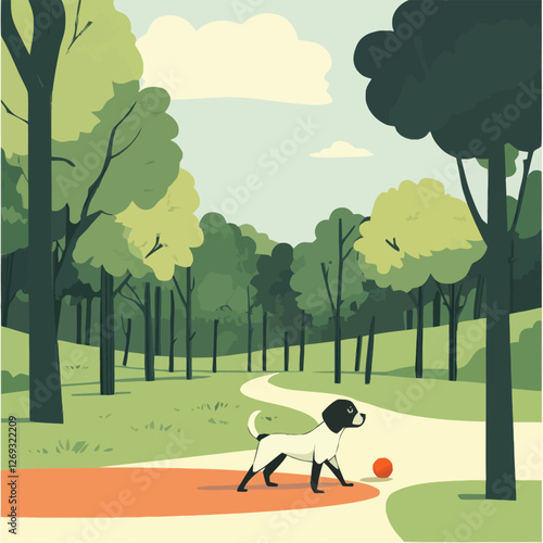 A cheerful 2D vector of a dog playing with a ball in a green park.