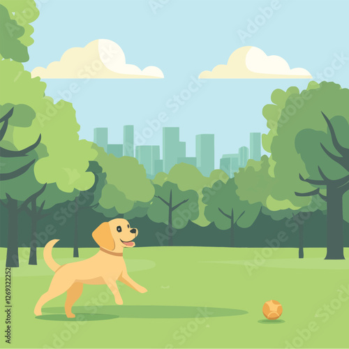 A cheerful 2D vector of a dog playing with a ball in a green park.