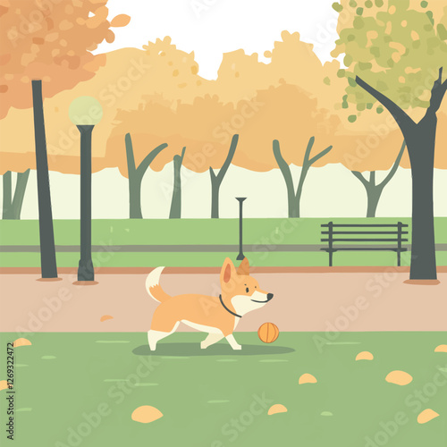 A cheerful 2D vector of a dog playing with a ball in a green park.