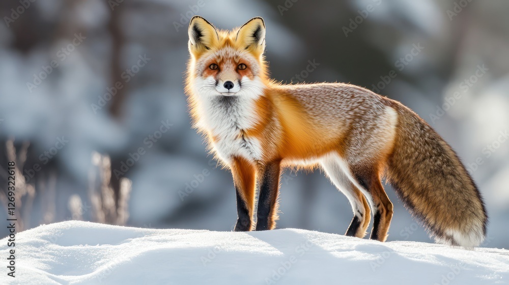 Red fox in snowy winter forest, wildlife photo Red fox in snowy winter forest, wildlife photo