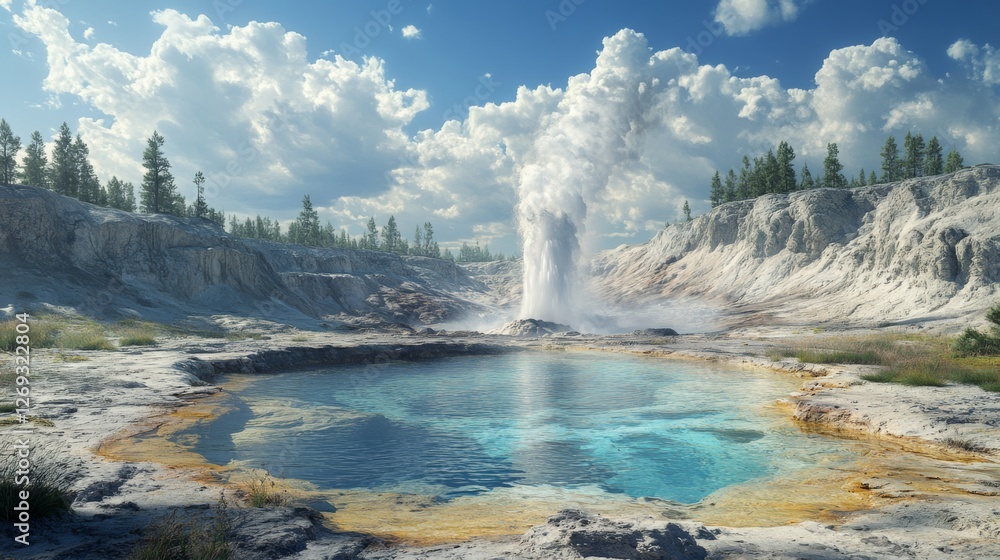 Powerful geyser erupting, majestic nature scene Powerful geyser erupting, majestic nature scene