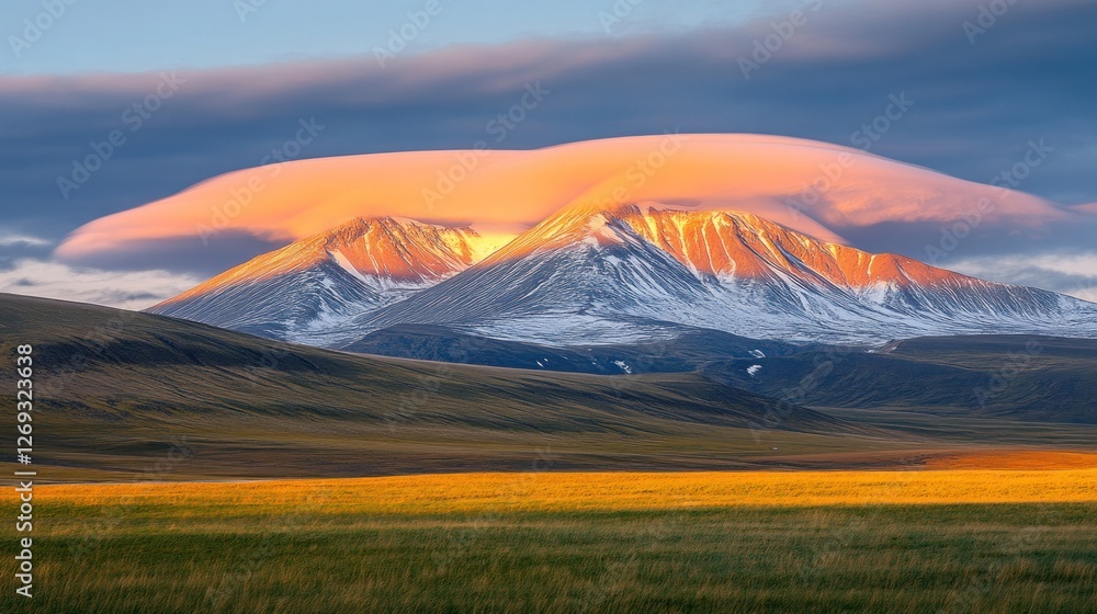Obraz premium Sunset illuminates snow capped mountains and lenticular clouds