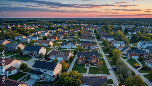 Suburban sprawl expanding across the landscape during sunset