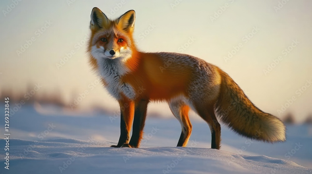 Fototapeta premium Red Fox in Snowy Landscape at Sunrise