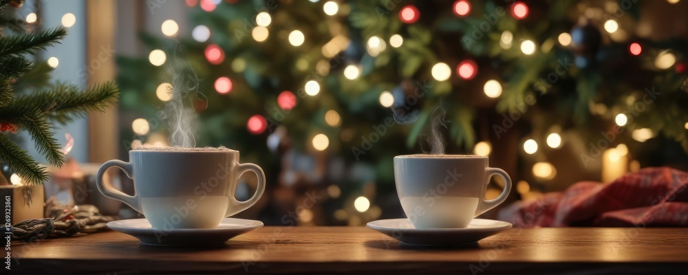 Fototapeta premium Steaming cup of coffee next to a Christmas tree with fairy lights, christmas tree, winter wonderland