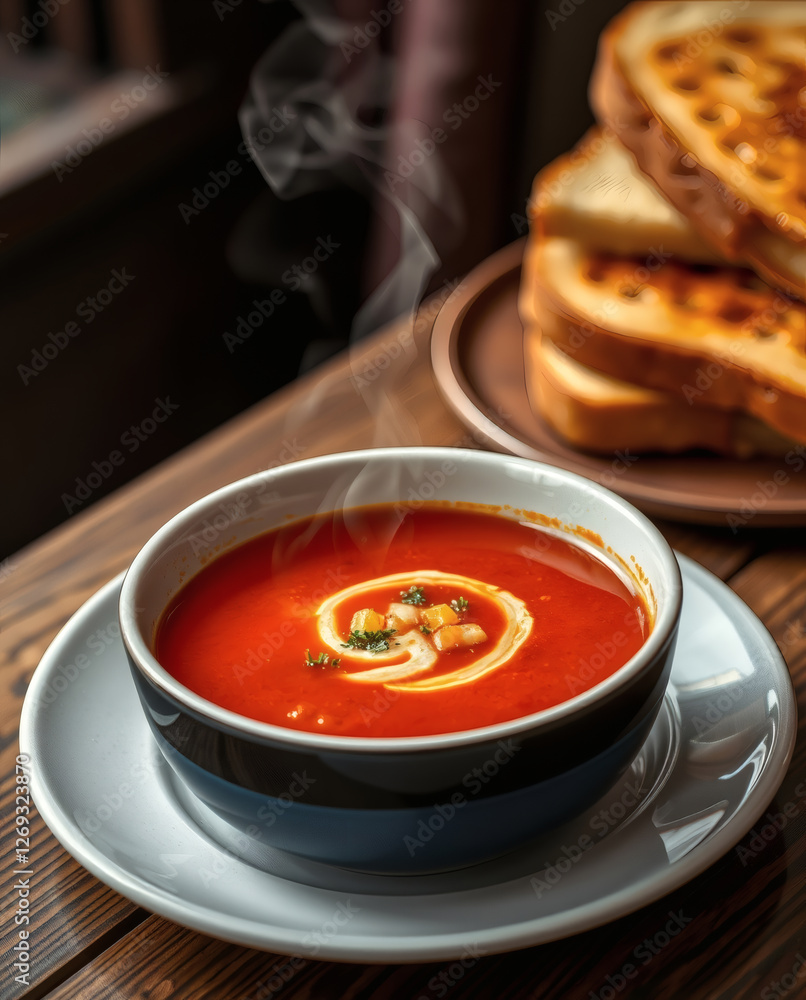 Delicious bowl of steaming tomato soup served with golden toasted bread on a rustic wooden table in a cozy cafe setting Delicious bowl of steaming tomato soup served with golden toasted bread on a rustic wooden table in a cozy cafe setting