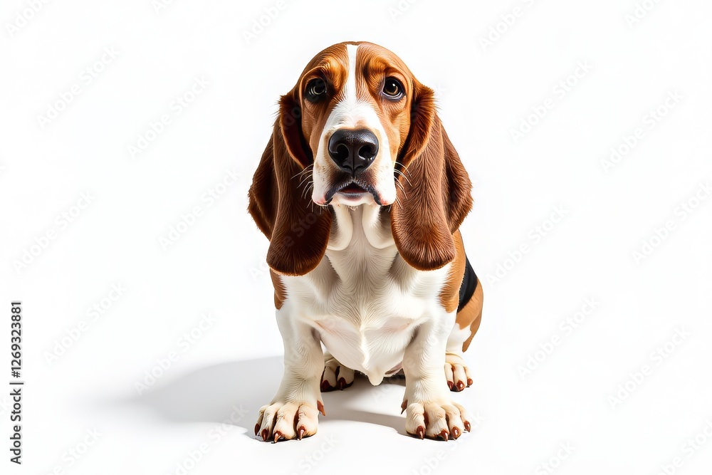 Basset hound with long ears sits attentively, showcasing its unique features and expressive eyes. Concept highlights basset hound with long ears as a beloved dog breed known for companionship. Basset hound with long ears sits attentively, showcasing its unique features and expressive eyes. Concept highlights basset hound with long ears as a beloved dog breed known for companionship.
