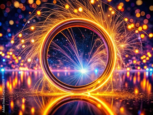 Vibrant Neon Circle Abstract Digital Art: Swirling Sparks & Depth