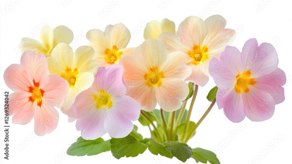 Pastel primroses bouquet, spring flowers, white background, nature, greeting card Pastel primroses bouquet, spring flowers, white background, nature, greeting card