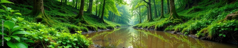 Steep-sided bog with lush green vegetation and muddy terrain, wetland, vegetation Steep-sided bog with lush green vegetation and muddy terrain, wetland, vegetation