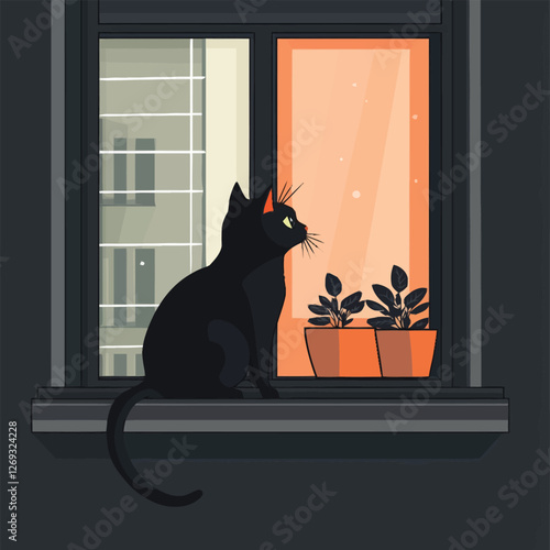 A cozy 2D vector of a cat sitting on a windowsill gazing outside.