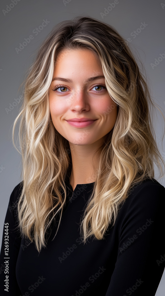 young woman with wavy blonde hair and warm smile, wearing black top young woman with wavy blonde hair and warm smile, wearing black top