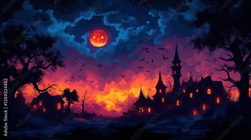Eerie Halloween night landscape, haunted houses, jack o'lantern moon, bats flying, Generated AI Eerie Halloween night landscape, haunted houses, jack o'lantern moon, bats flying, Generated AI