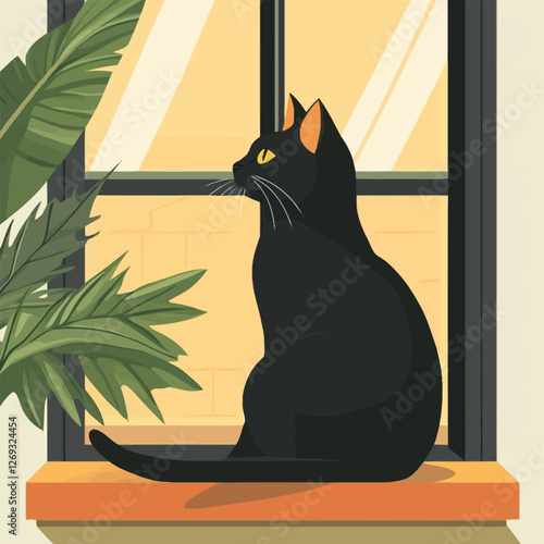 A cozy 2D vector of a cat sitting on a windowsill gazing outside.