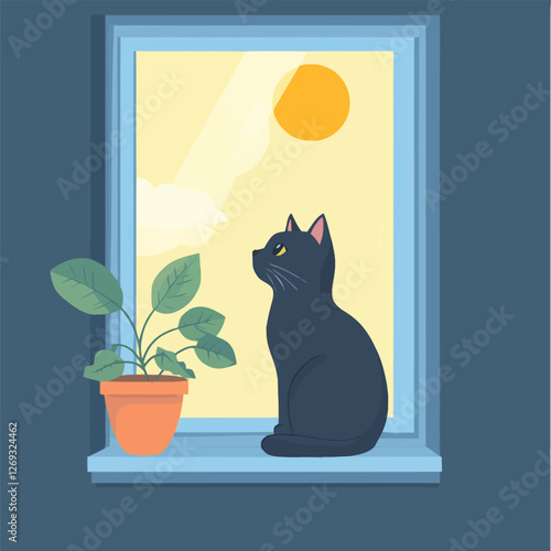 A cozy 2D vector of a cat sitting on a windowsill gazing outside.