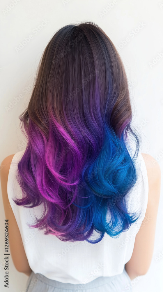 Vibrant gradient hair with purple and blue hues, showcasing stylish waves Vibrant gradient hair with purple and blue hues, showcasing stylish waves