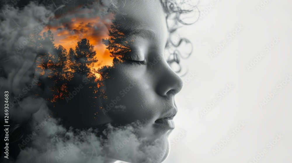A serene profile of a child with a vivid forest and flames blending into their silhouette, representing the interplay of innocence and nature's power. A serene profile of a child with a vivid forest and flames blending into their silhouette, representing the interplay of innocence and nature's power.