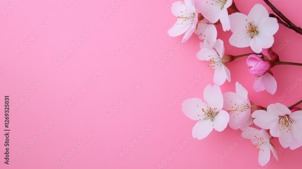 Fototapeta premium Gentle Pink Background with Delicate White Cherry Blossom Branches in Studio Shot