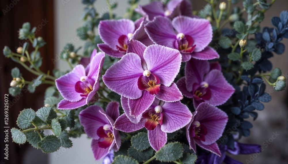 Fototapeta premium Stunning bouquet of pink orchids with eucalyptus and decorative ribbon